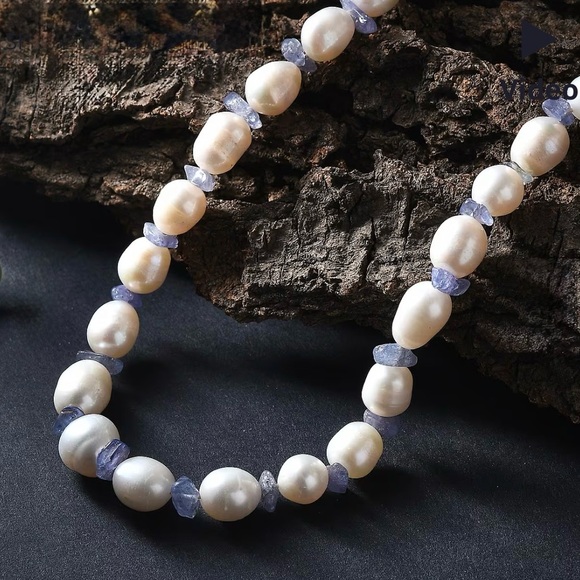 White Freshwater Pearl and Tanzanite 20 Ctw Necklace in 925 Sterling Silver
